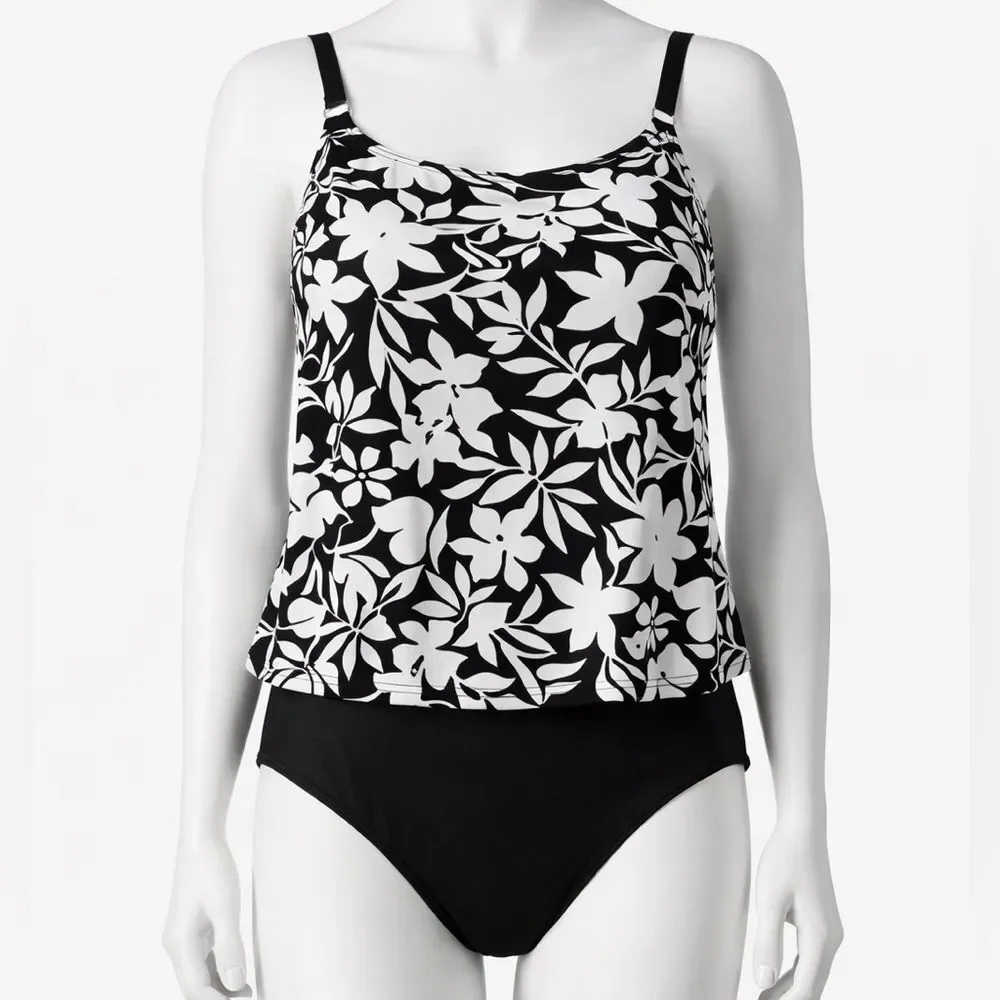 Lands’ End Swimsuit Women’s 16 One Piece Black White Floral Resort Cruise Wear